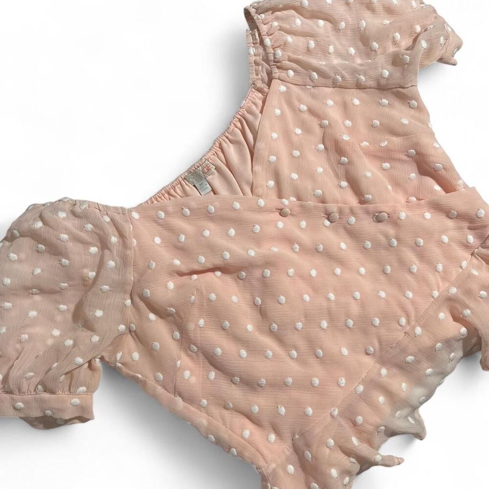 GB Cottagecore coquette Pink with white polka dot blouse with puff sleeves M